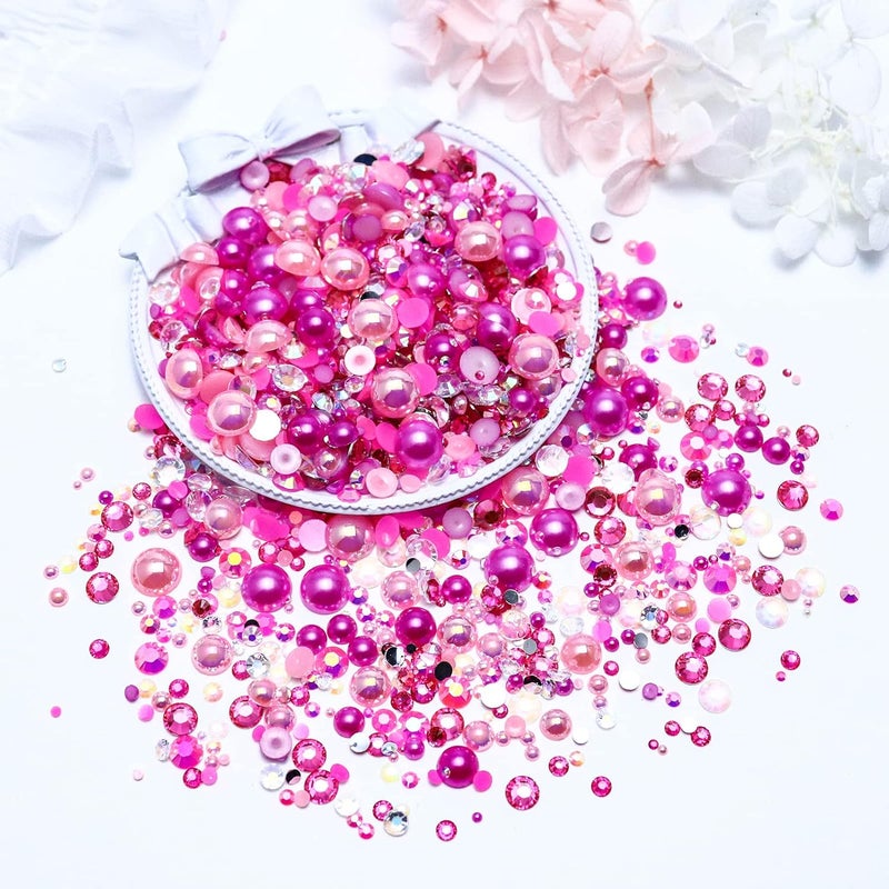 Towenm 60g Mix Flatback Pearls and Rhinestones for Crafts, 2-10mm Pearl Nails Face Art Tumblers, Mix Pearls, with Picker Pen, Light Pink|Hot Pink|Clear - Image 3